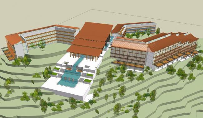 Sketchup酒店模型|山顶度假酒店群，新中式风格，多层酒店