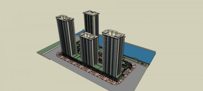Sketchup住宅模型|高层住宅小区，入口，景观亭子，居住建筑，多层商场，商业裙房，底层商业，欧式，古典风格