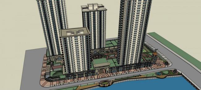 Sketchup住宅模型|高层住宅小区，入口，景观亭子，居住建筑，多层商场，商业裙房，底层商业，欧式，古典风格