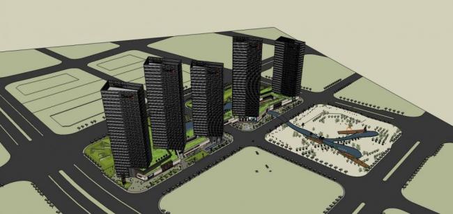 Sketchup综合体模型|大型商业综合体，高层酒店办公，商业裙房，现代风格