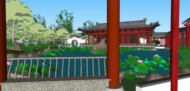 Sketchup景观模型|中式园林，景观，亭子，公园，水坝，多层