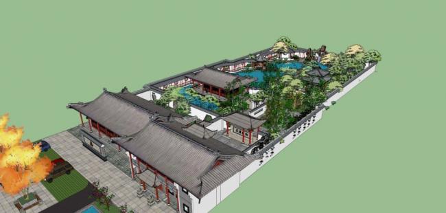Sketchup景观模型|中式园林，景观，亭子，公园，水坝，多层