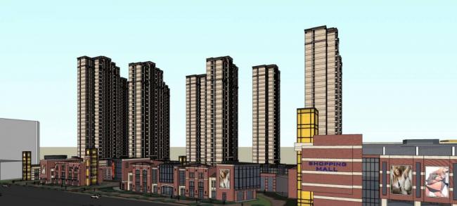 Sketchup住宅模型|高层住宅小区，简欧风格，居住建筑，商场，商业裙房