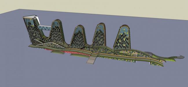 Sketchup办公模型|高层酒店办公，写字楼，商场，商业裙房，现代风格，生态办公楼，异形