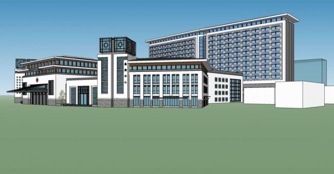 Sketchup医院模型|小高层医院，医疗建筑，新中式风格