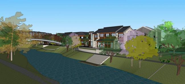 Sketchup商业模型|多层商业建筑，古镇，公园景观，桥，水坝，中式风格