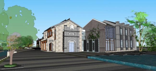 Sketchup商业模型|多层商业建筑，古镇，公园景观，桥，水坝，中式风格