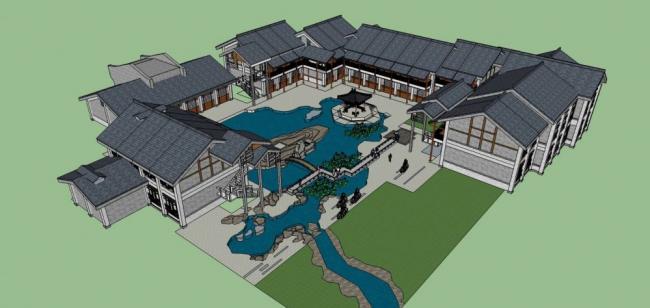 Sketchup商业模型|商业建筑，徽派，多层商业楼，景观，亭子