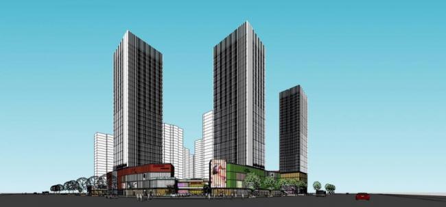 Sketchup综合体模型|高层商业综合体，酒店办公，商业裙房，现代风格