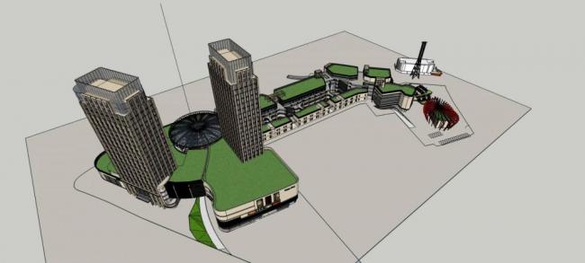 Sketchup综合体模型|金科·金街，高层酒店办公，商场，多层商业裙房，简欧风格