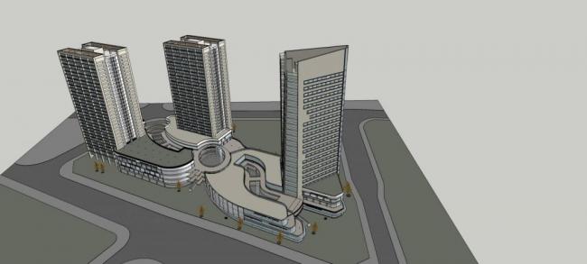 Sketchup综合体模型|高层商业综合体，现代风格，酒店办公，商业裙房