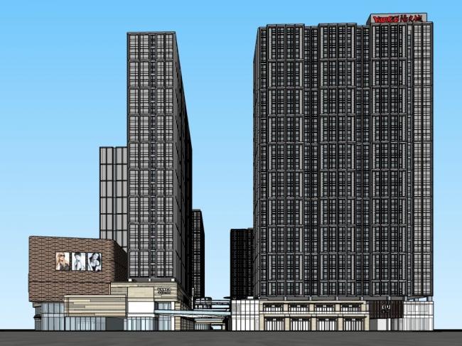 Sketchup综合体模型|高层商业综合体，酒店办公，商业裙房，现代风格