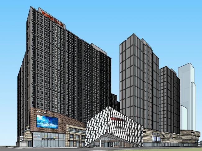 Sketchup综合体模型|高层商业综合体，酒店办公，商业裙房，现代风格