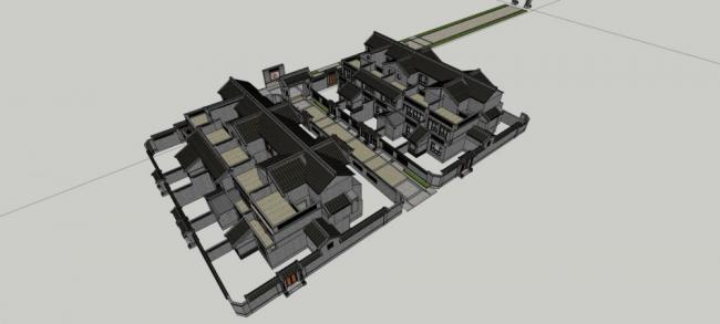 Sketchup住宅模型|院落，居住建筑，联排别墅，多层，中式风格，庭院别墅