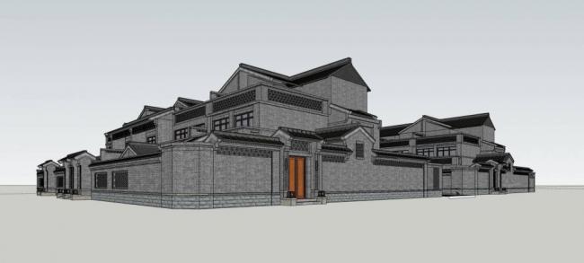 Sketchup住宅模型|院落，居住建筑，联排别墅，多层，中式风格，庭院别墅