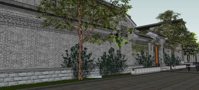 Sketchup住宅模型|院落，居住建筑，联排别墅，多层，中式风格，庭院别墅