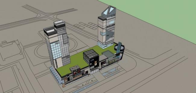 Sketchup综合体模型|高层商业综合体，现代风格，商业裙房，酒店办公