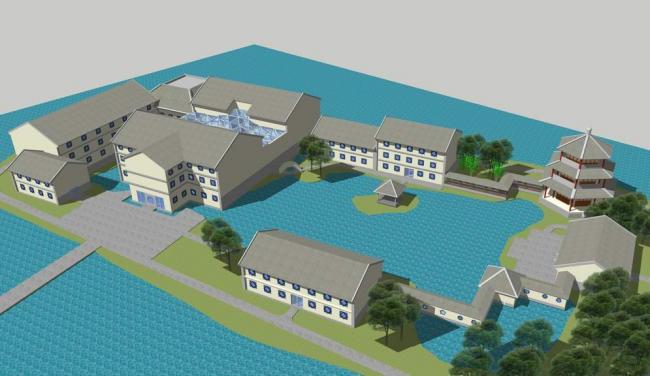 Sketchup商业模型|多层景区会所，中式风格，商业建筑，公园