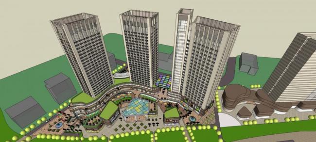 Sketchup综合体模型|高层商业综合体，现代风格，酒店办公，商业裙房