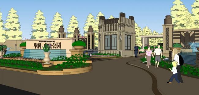 Sketchup景观模型|华润中央公园，景观，入口，城市小品，水坝，欧式，门卫室