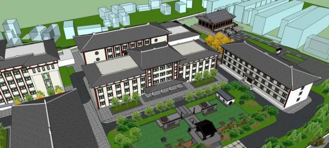 Sketchup学校模型|中医专科学校，多层教学楼，中式风格，教育建筑