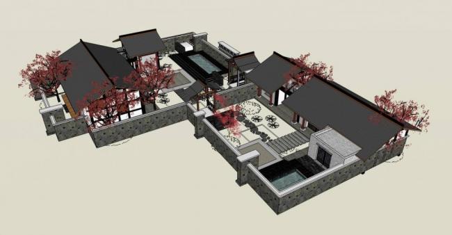 Sketchup住宅模型|别院，单层，景墙，居住建筑，中式风格
