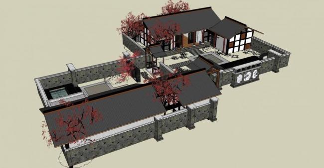 Sketchup住宅模型|别院，单层，景墙，居住建筑，中式风格