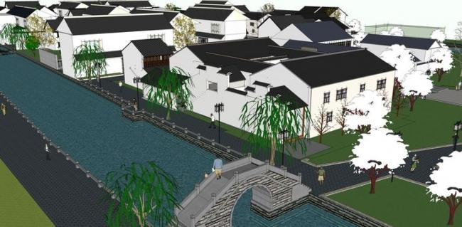 Sketchup商业模型|多层南方商业街，临水，中式风格