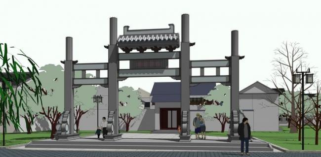 Sketchup商业模型|多层南方商业街，临水，中式风格