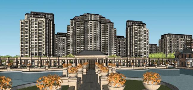 Sketchup住宅模型|高层住宅小区，商业裙房，会所，法式，古典风格，居住建筑