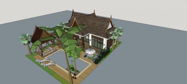Sketchup酒店模型|度假别墅，独栋别墅，单层，景观，亭子，泰式风格