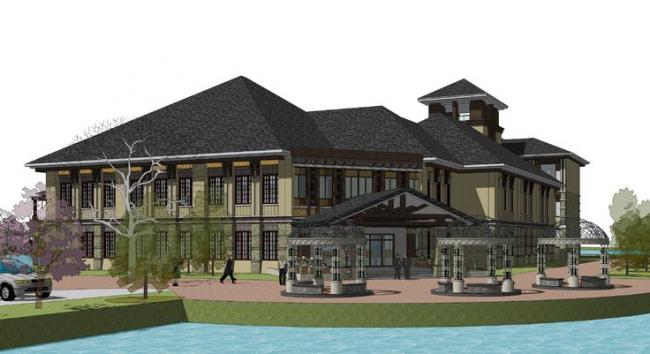 Sketchup酒店模型|多层度假酒店，东南亚风格，临湖