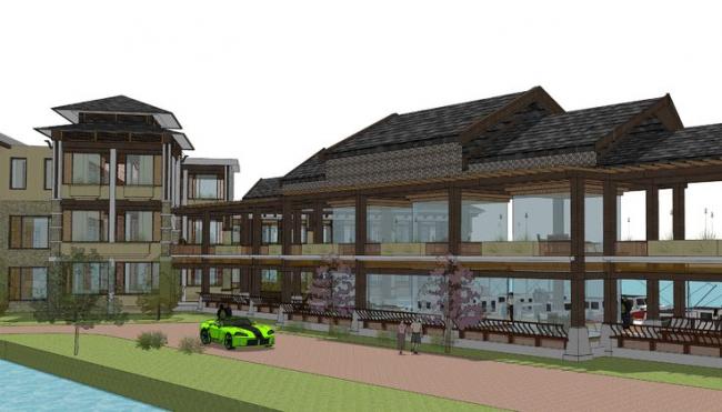 Sketchup酒店模型|多层度假酒店，东南亚风格，临湖
