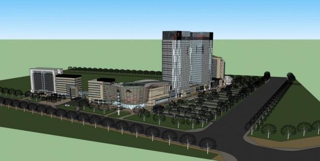 Sketchup综合体模型|高层商业综合体，酒店办公，酒店，商场，商业裙房，现代风格