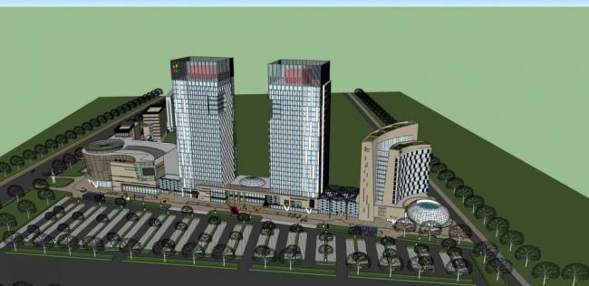 Sketchup综合体模型|高层商业综合体，酒店办公，酒店，商场，商业裙房，现代风格