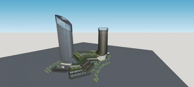 Sketchup办公模型|高层办公楼，酒店，商业裙房，现代风格