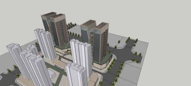 Sketchup综合体模型|高层商业综合体，双塔概念方案，现代风格，酒店办公，商业裙房