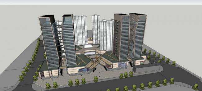 Sketchup综合体模型|高层商业综合体，双塔概念方案，现代风格，酒店办公，商业裙房