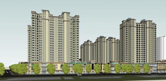 Sketchup住宅模型|高层住宅，商住楼，底层商业，现代风格，简欧，居住建筑