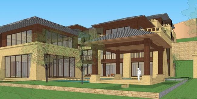 Sketchup酒店模型|多层山地酒店，新中式风格，汉唐风