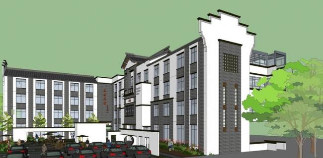 Sketchup酒店模型|多层宾馆，酒店，徽派风格，重庆上清寺，中式风格