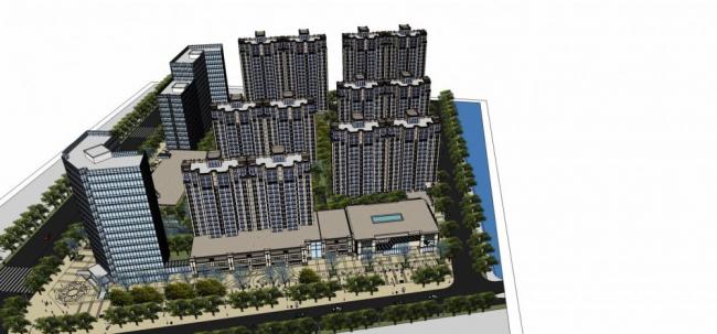 Sketchup综合体模型|商业综合体，新古典风格，酒店办公，多层商业裙房，高层住宅楼