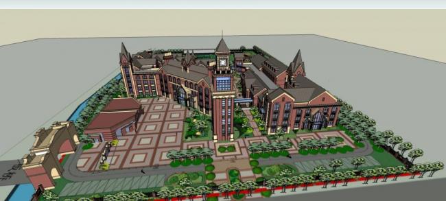 Sketchup学校模型|多层学校，教学楼，教育建筑，英式，古典风格，坡屋顶