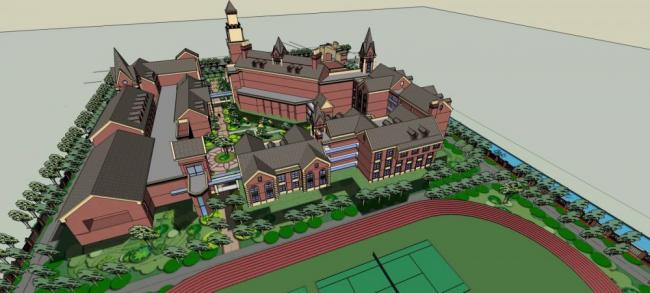 Sketchup学校模型|多层学校，教学楼，教育建筑，英式，古典风格，坡屋顶