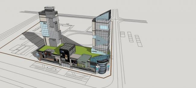 Sketchup综合体模型|高层商业综合体，现代风格，商业裙房，酒店办公