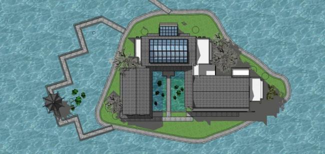 Sketchup商业模型|多层湖心会所，中式风格，滨水景观，亭子，商业建筑