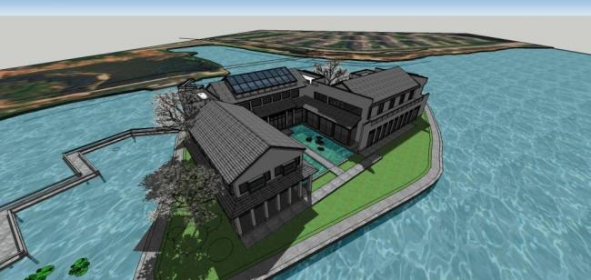 Sketchup商业模型|多层湖心会所，中式风格，滨水景观，亭子，商业建筑