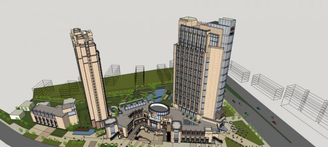 Sketchup综合体模型|高层商业综合体，住宅公寓，酒店办公，多层商业裙房，新古典风格