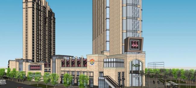 Sketchup综合体模型|高层商业综合体，住宅公寓，酒店办公，多层商业裙房，新古典风格