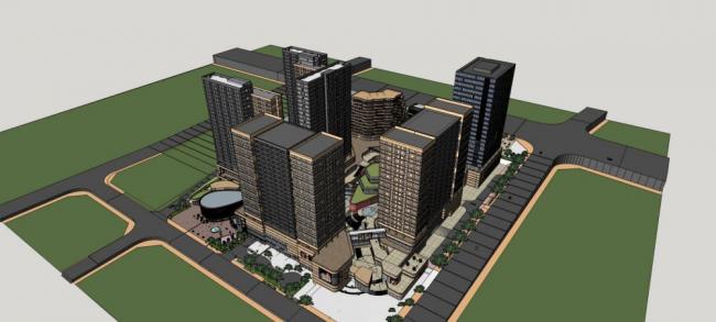 Sketchup综合体模型|高层城市商业综合体，现代风格，酒店办公，公寓，多层商业裙房，商场